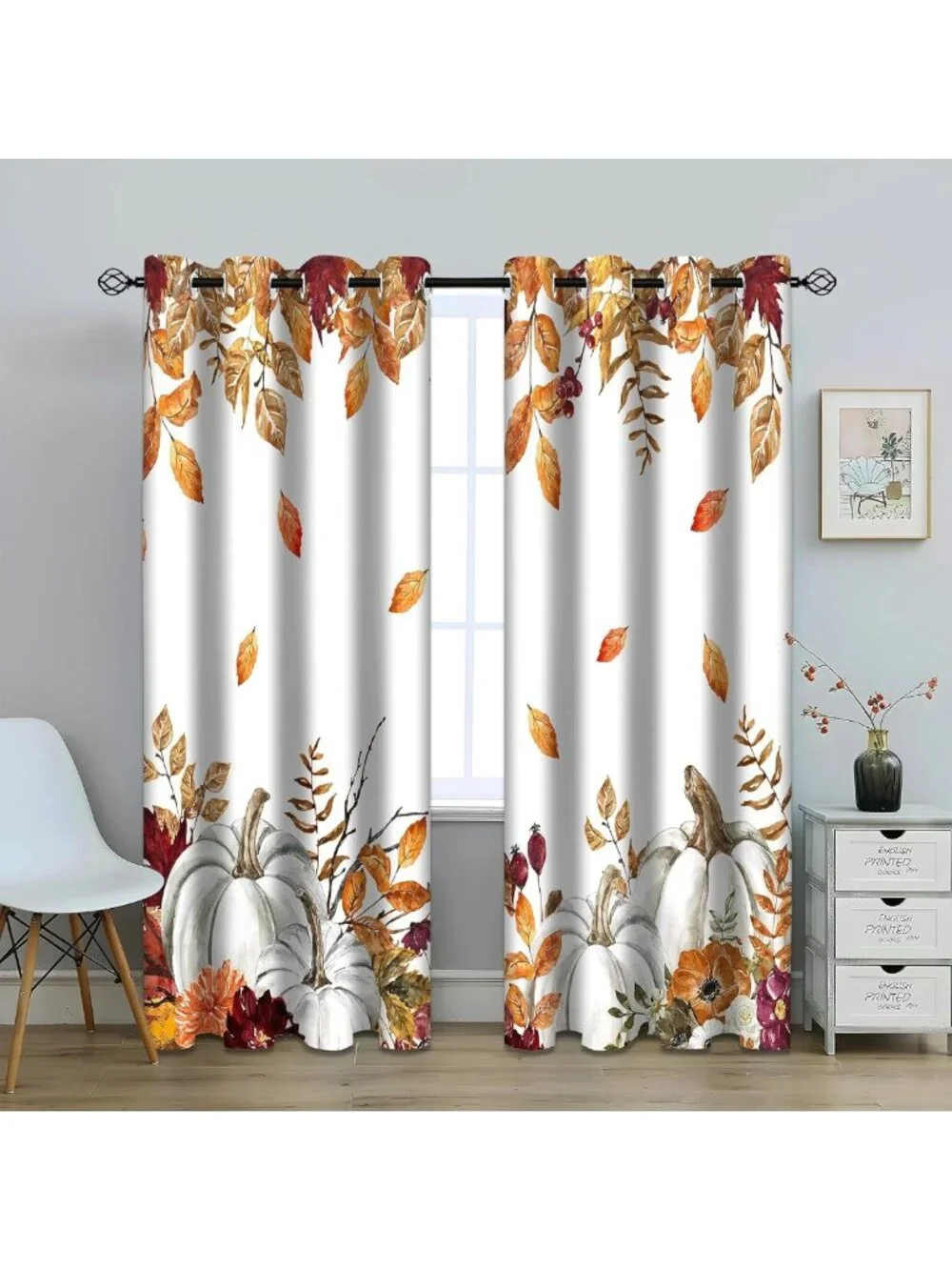 Autumn Leaves Blackout Curtains - Fall Pumpkins & Maple Leaf Drapes, 2 Panels